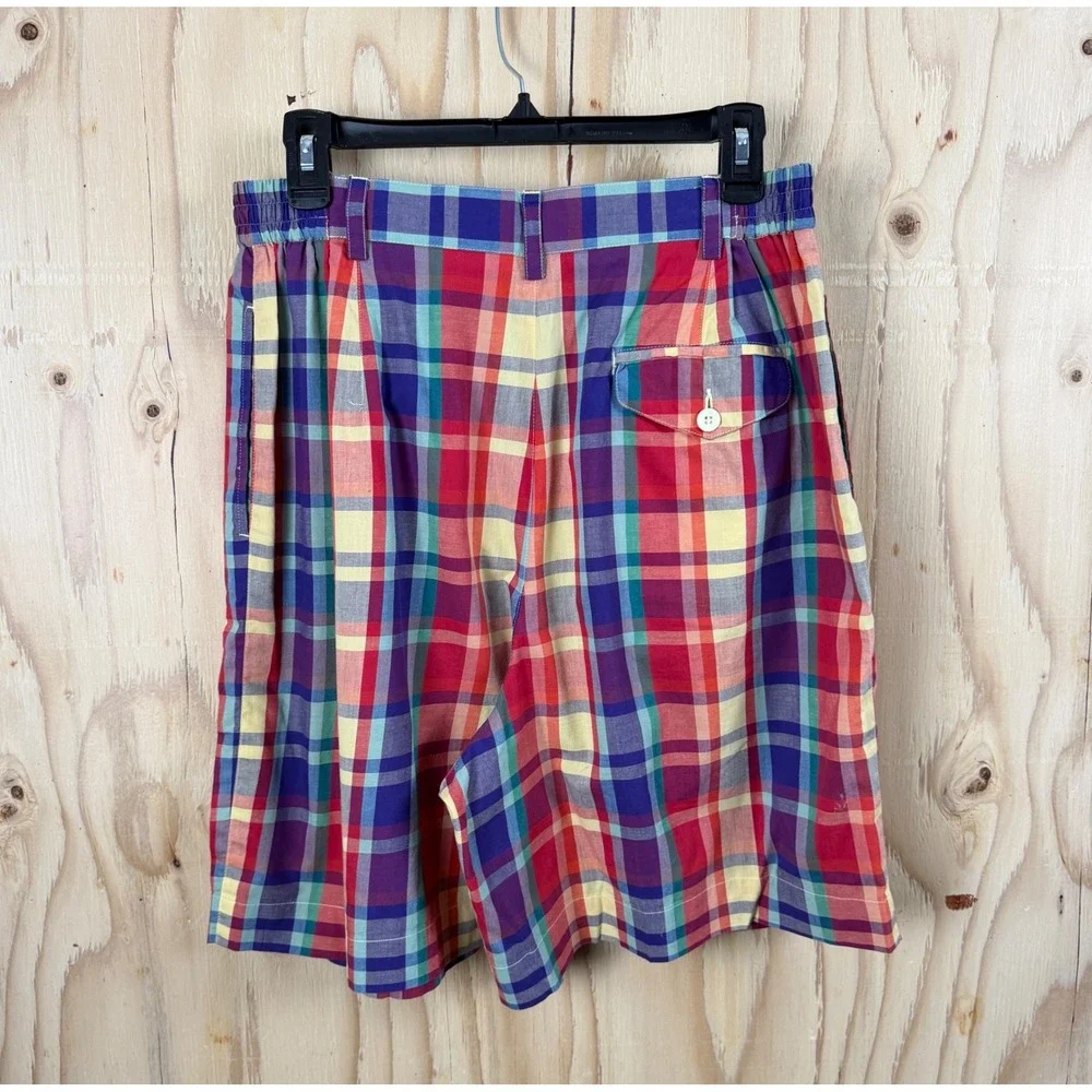 Vintage 80's Lizsport Plaid Shorts Women's 14 Multicolor Cotton Pleated Bermuda